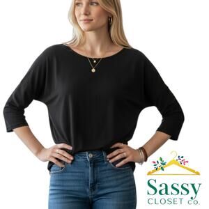Anthropologie Black Scoop Neck Tee Soft Silky Essential Capsule L